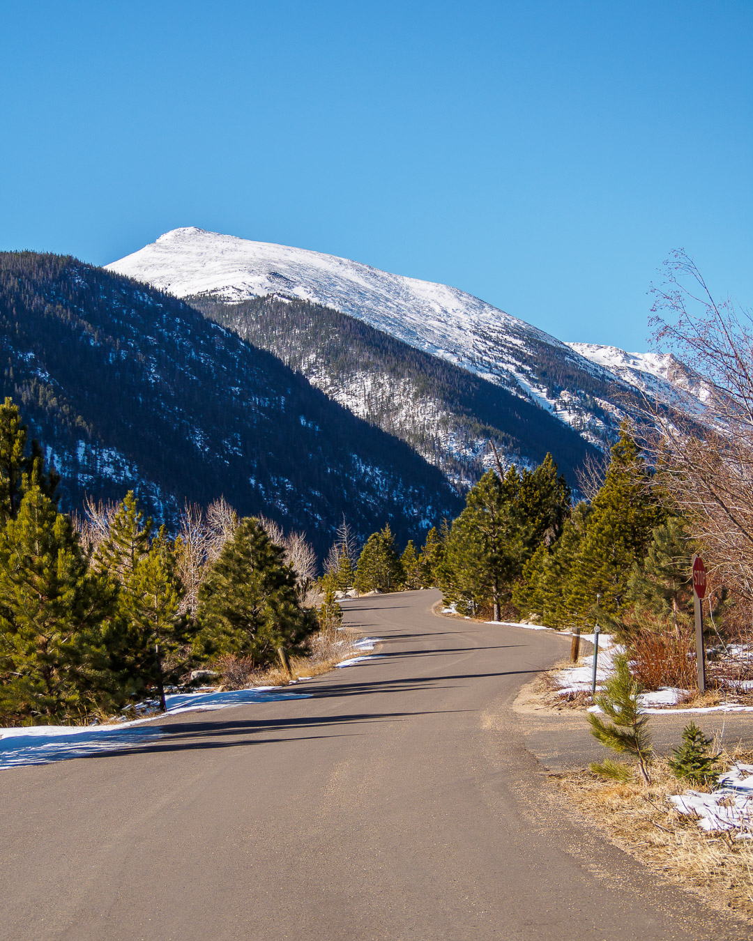 Bends in the road lead to a distant mountain