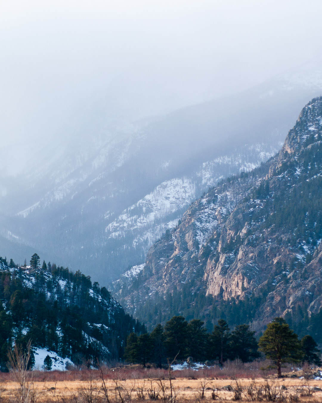 Sunset lights up the mountainside at Moraine Park